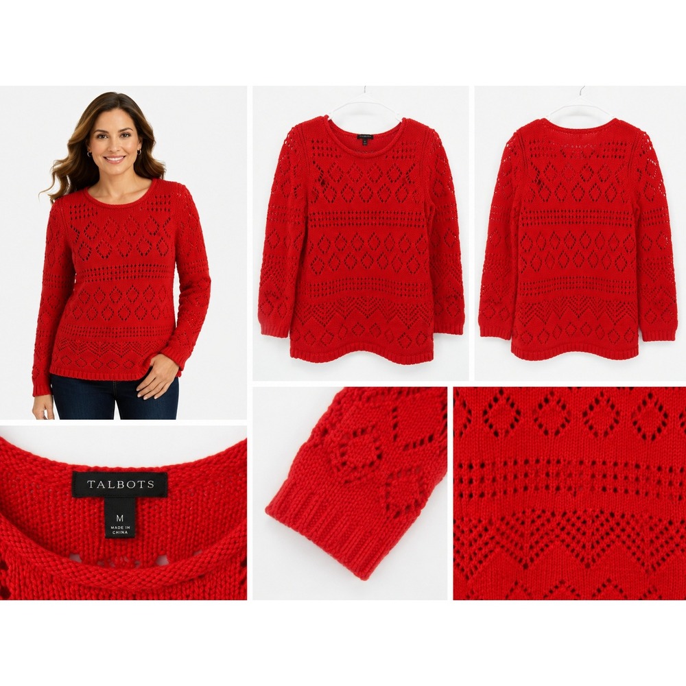 Talbots Pointelle Knit Sweater Womens Medium Red Diamond Crochet Preppy Coastal
